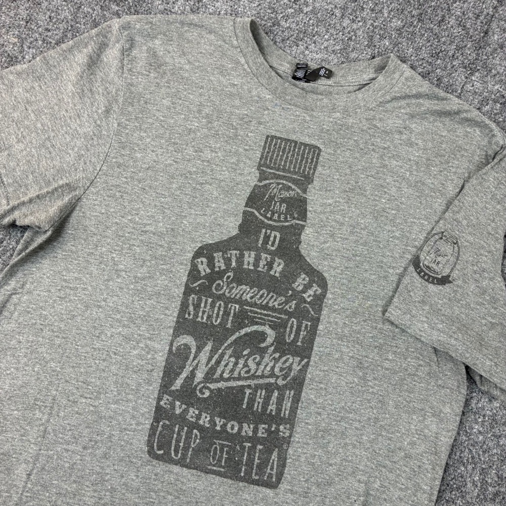 Mason Jar Label Mens Gray Whiskey Graphic T-Shirt Medium Shot of Whiskey Tee